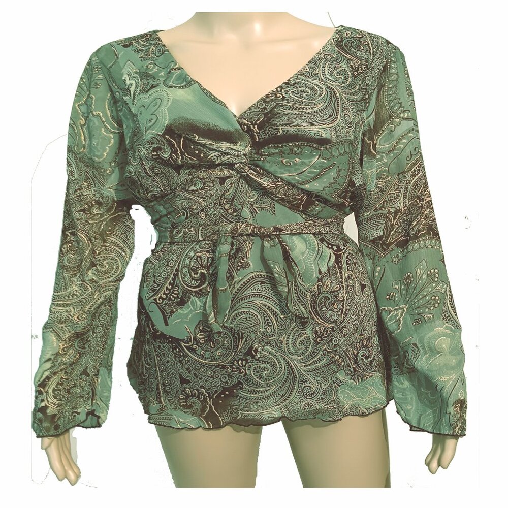 Dressbarn Green and Black Paisley with Gold decorations Blouse Size Large